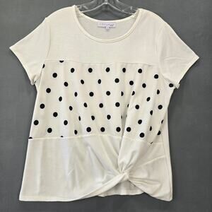 C'est La Vie White Shirt Preppy Polka Dot Tee Short Cap Sleeves Women's Size XL